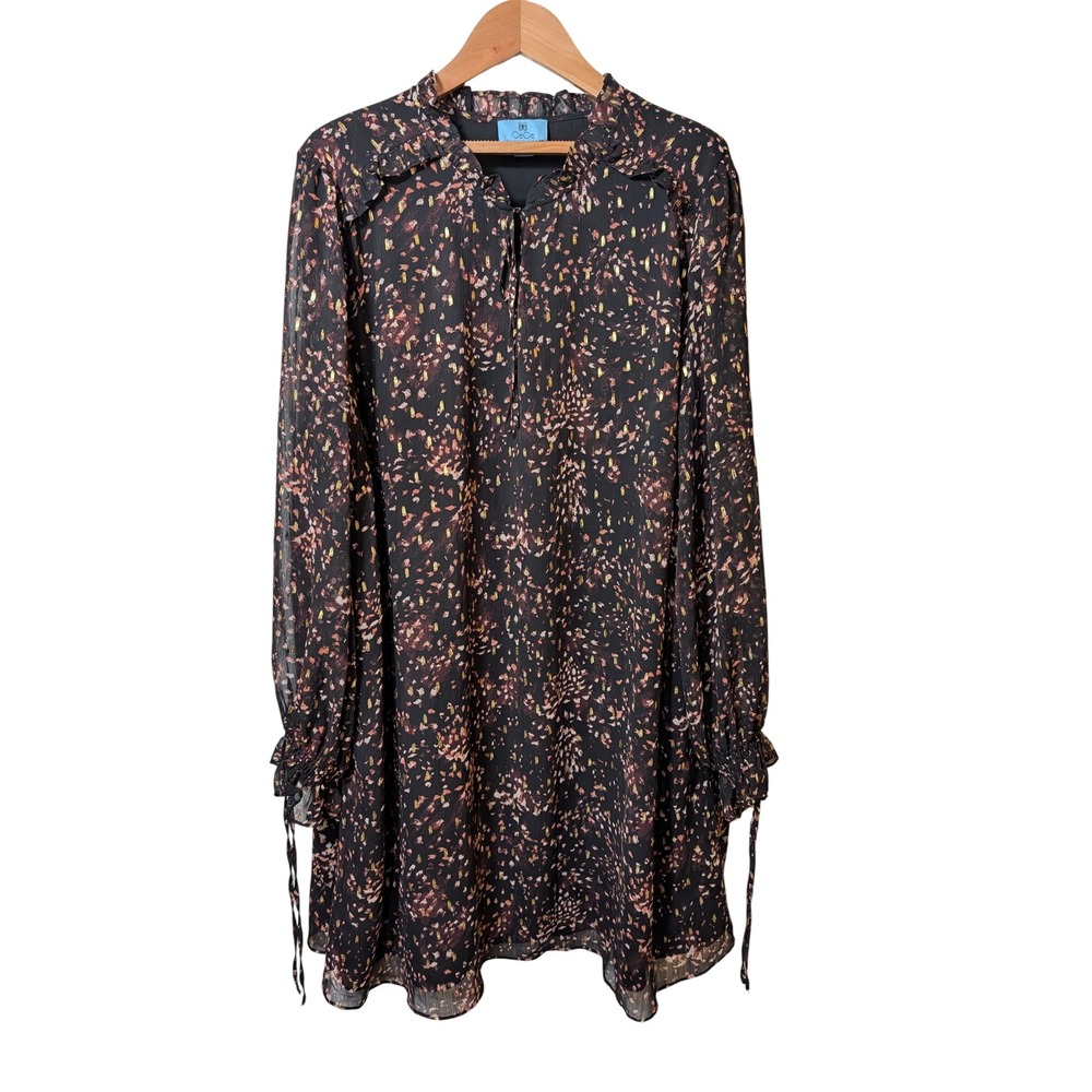 CeCe Women 3X Black Gold Foil Clip Dot Ruffle Neck Long Sleeve Shift Dress